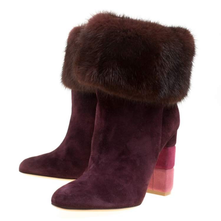 Pre Owned Salvatore Ferragamo Burgundy Suede Loris Fur Trim Ankle Boots Size 37.5