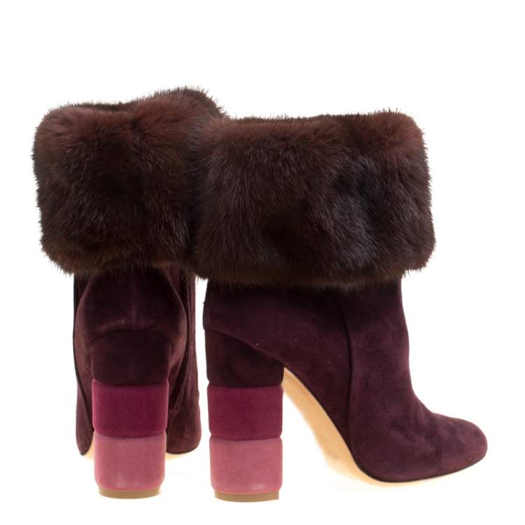 Pre Owned Salvatore Ferragamo Burgundy Suede Loris Fur Trim Ankle Boots Size 37.5