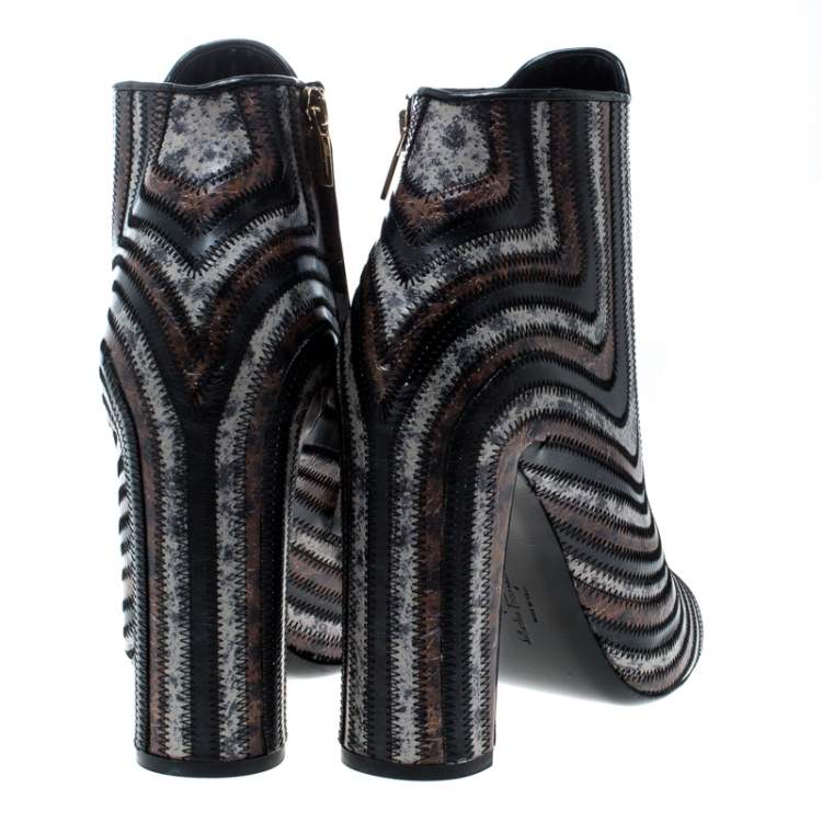Pre Owned Salvatore Ferragamo Multicolor Leather Feeling Zig Zag Block Heel Ankle Boots Size 39.5