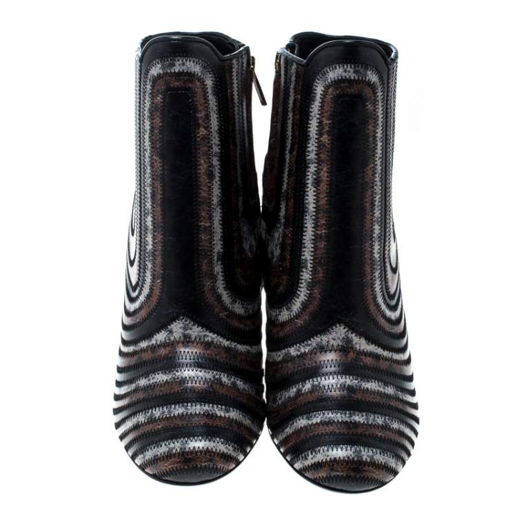 Pre Owned Salvatore Ferragamo Multicolor Leather Feeling Zig Zag Block Heel Ankle Boots Size 39.5