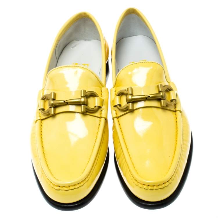 Pre Owned Salvatore Ferragamo Women Yellow Patent Leather Mason Gancio Bit Loafers Size 37.5