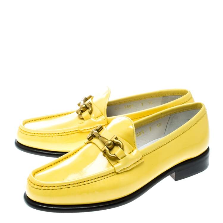 Pre Owned Salvatore Ferragamo Women Yellow Patent Leather Mason Gancio Bit Loafers Size 37.5