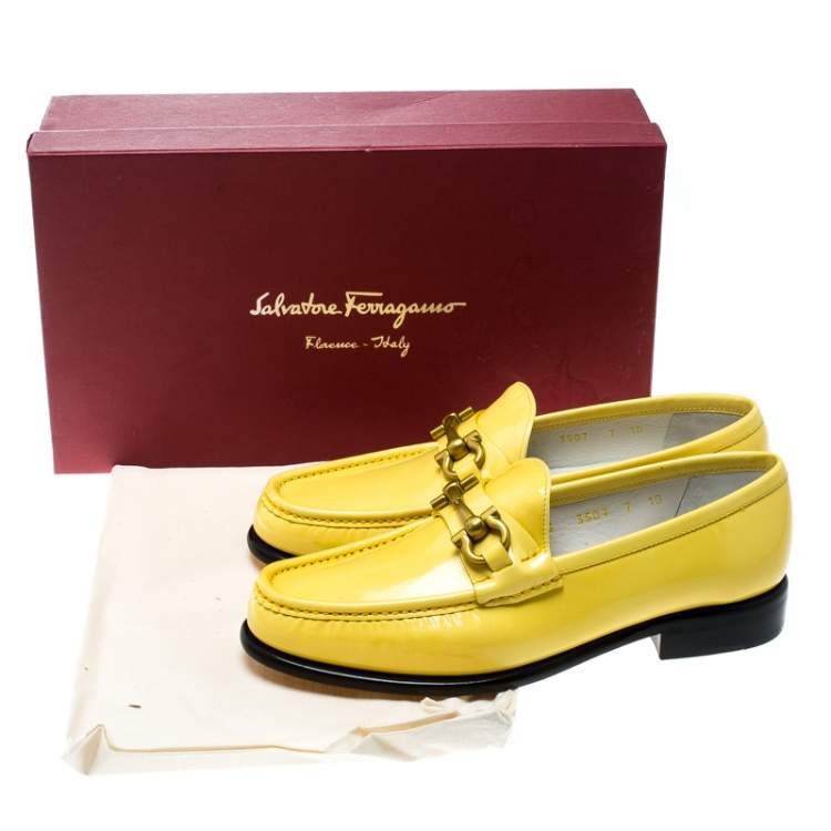 Pre Owned Salvatore Ferragamo Women Yellow Patent Leather Mason Gancio Bit Loafers Size 37.5