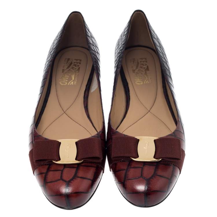 Pre Owned Salvatore Ferragamo Brown Ombre Alligator Embossed Leather Varina Ballet Flats Size 40.5