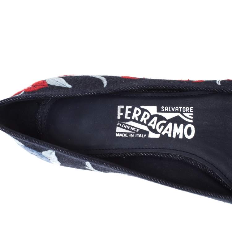 Pre Owned Salvatore Ferragamo Blue Floral Embroidered Denim Varina Bow Ballet Flats Size 36.5