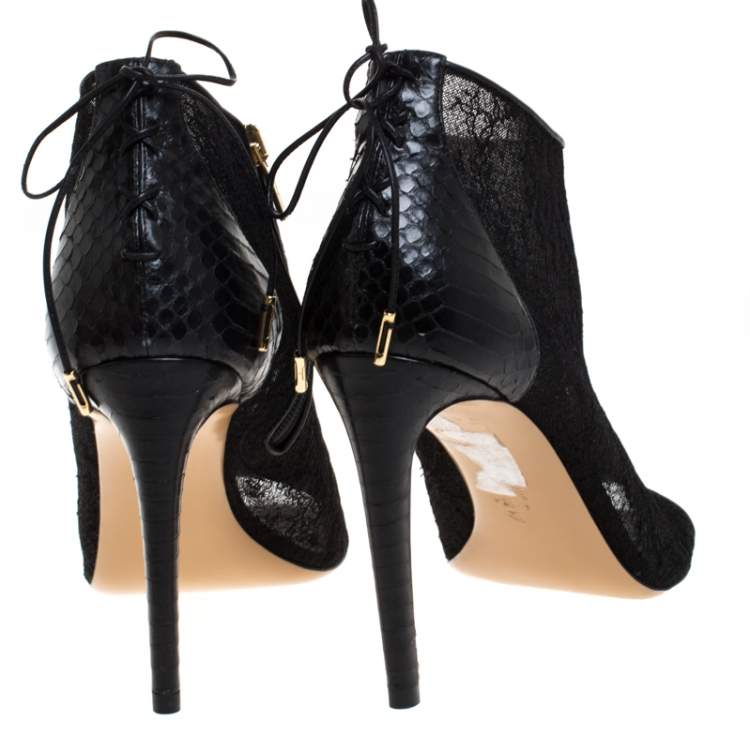 Pre Owned Salvatore Ferragamo Black Python Trim And Lace Nufus Peep Toe Ankle Boots Size 37.5