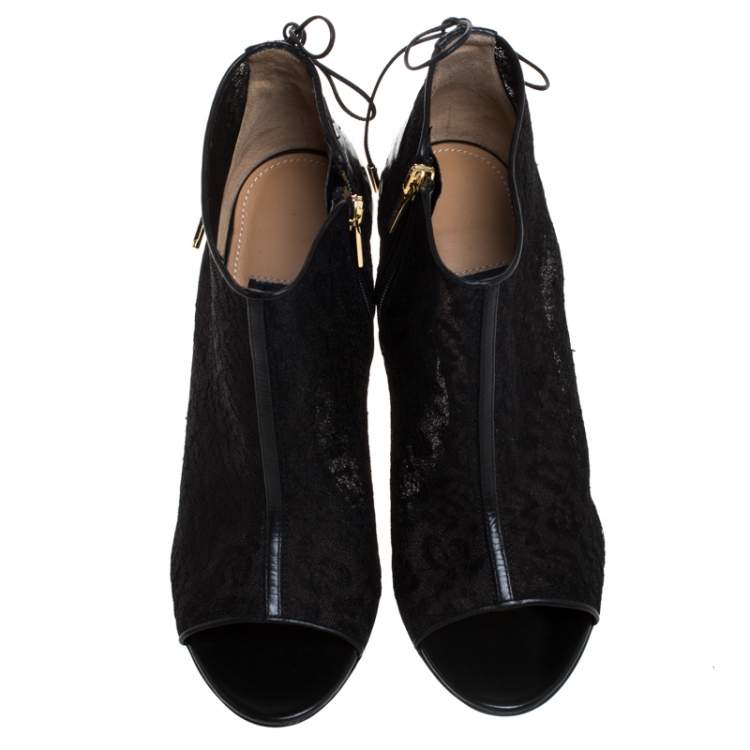Pre Owned Salvatore Ferragamo Black Python Trim And Lace Nufus Peep Toe Ankle Boots Size 37.5