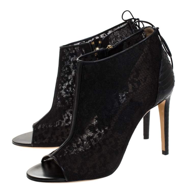 Pre Owned Salvatore Ferragamo Black Python Trim And Lace Nufus Peep Toe Ankle Boots Size 37.5