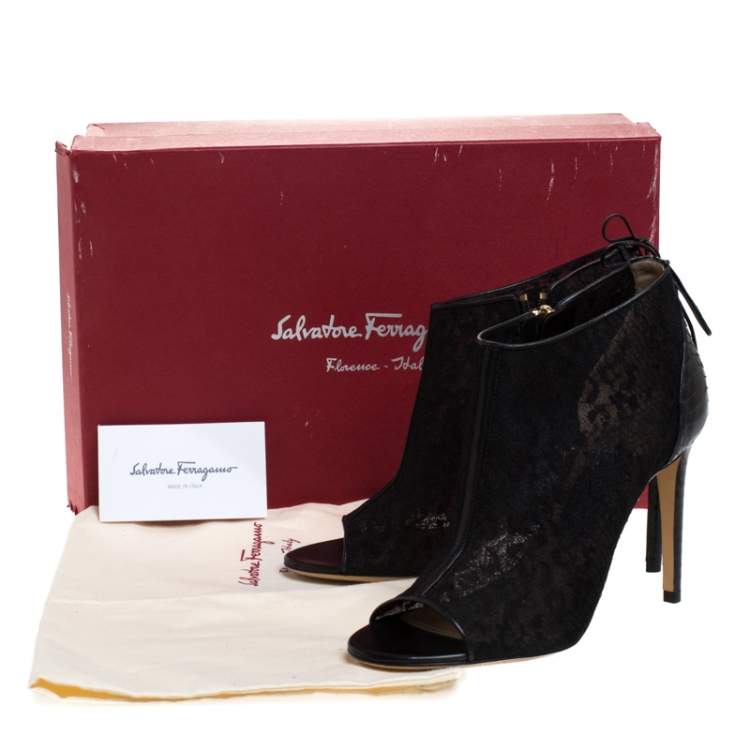 Pre Owned Salvatore Ferragamo Black Python Trim And Lace Nufus Peep Toe Ankle Boots Size 37.5
