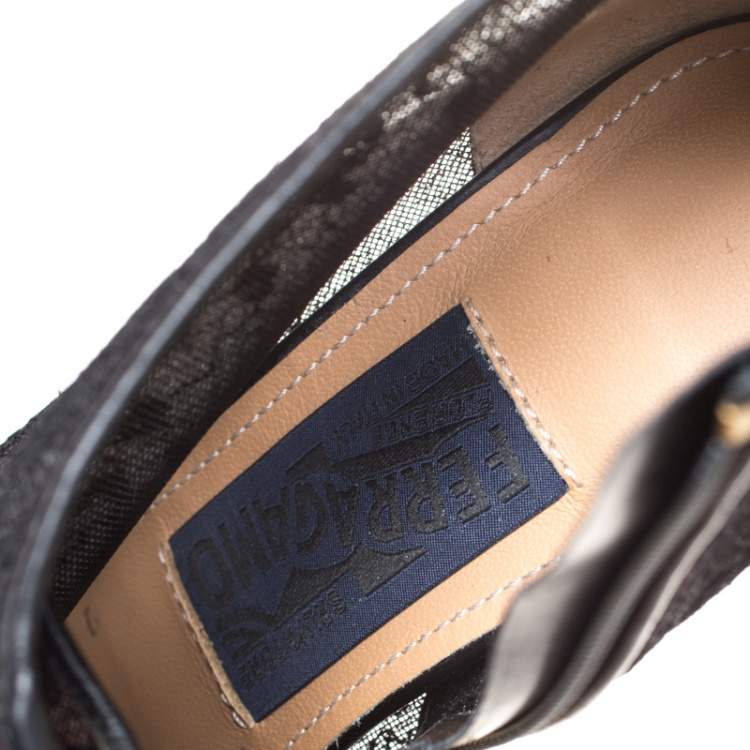 Pre Owned Salvatore Ferragamo Black Python Trim And Lace Nufus Peep Toe Ankle Boots Size 37.5