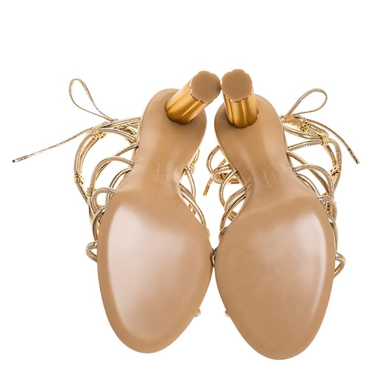 Pre Owned Salvatore Ferragamo Gold Leather Fiuggi Column Heel Ankle Tie Sandals Size 38.5