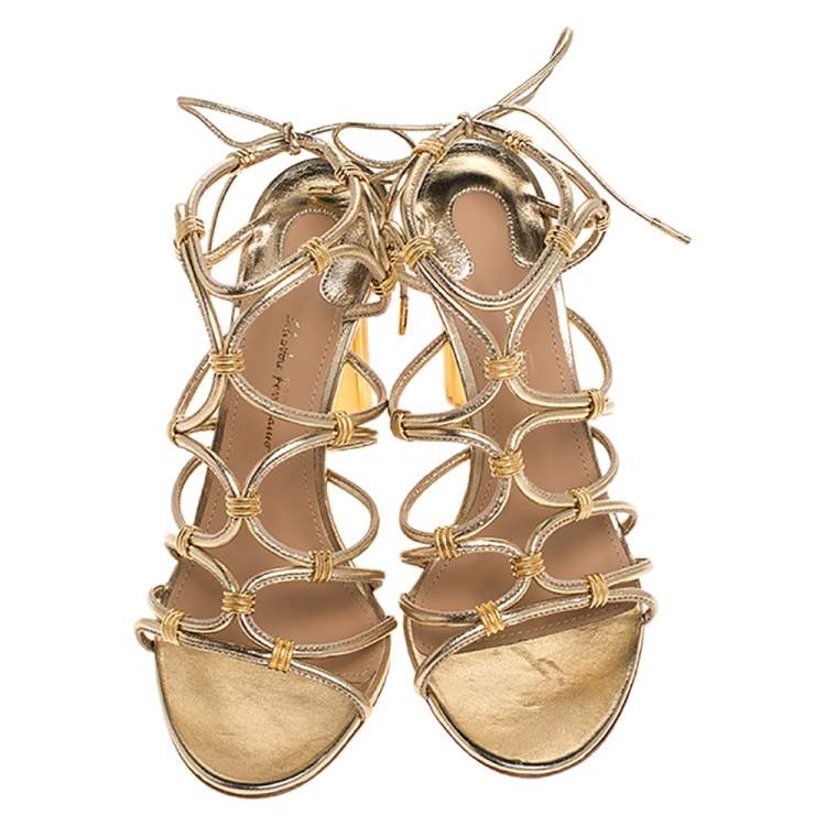 Pre Owned Salvatore Ferragamo Gold Leather Fiuggi Column Heel Ankle Tie Sandals Size 38.5