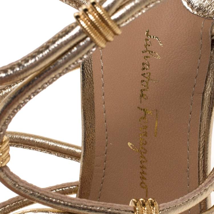 Pre Owned Salvatore Ferragamo Gold Leather Fiuggi Column Heel Ankle Tie Sandals Size 38.5