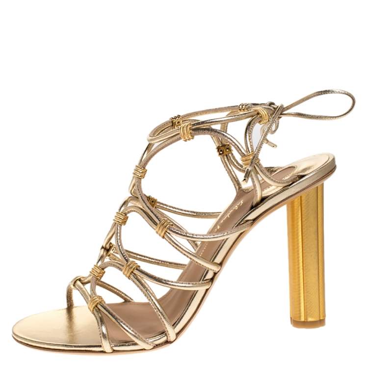 Pre Owned Salvatore Ferragamo Gold Leather Fiuggi Column Heel Ankle Tie Sandals Size 38.5