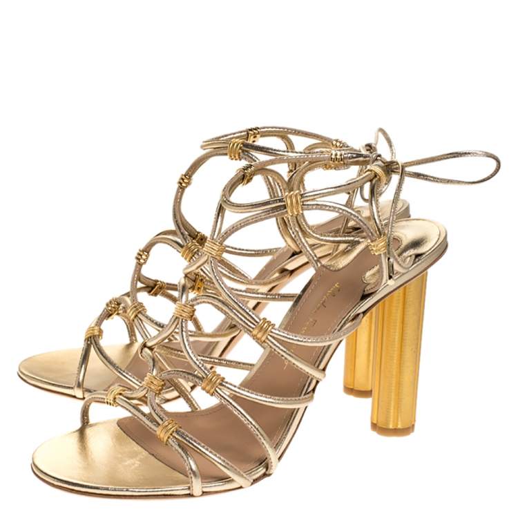 Pre Owned Salvatore Ferragamo Gold Leather Fiuggi Column Heel Ankle Tie Sandals Size 38.5