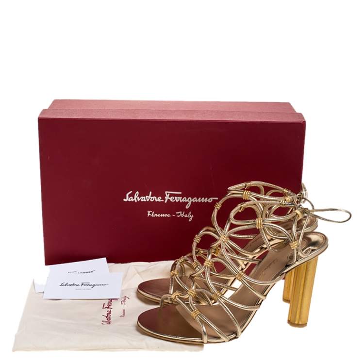 Pre Owned Salvatore Ferragamo Gold Leather Fiuggi Column Heel Ankle Tie Sandals Size 38.5