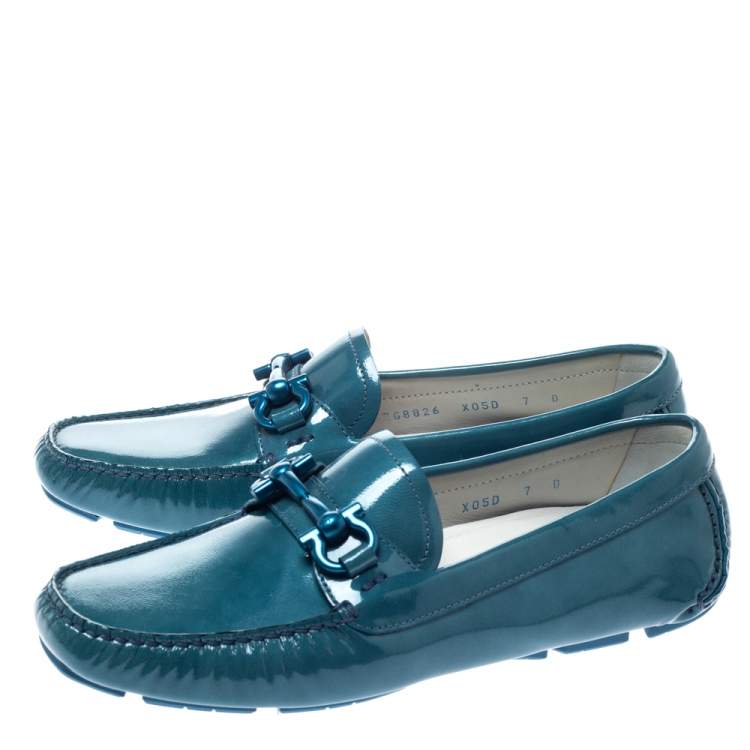 Pre Owned Salvatore Ferragamo Blue Coated Leather Gancio Driver Loafers Size 37.5 