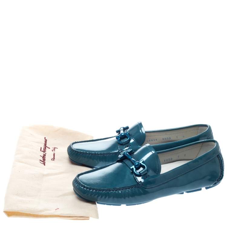 Pre Owned Salvatore Ferragamo Blue Coated Leather Gancio Driver Loafers Size 37.5 