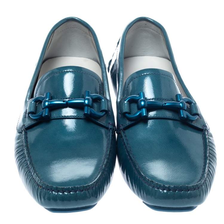 Pre Owned Salvatore Ferragamo Blue Coated Leather Gancio Driver Loafers Size 37.5 