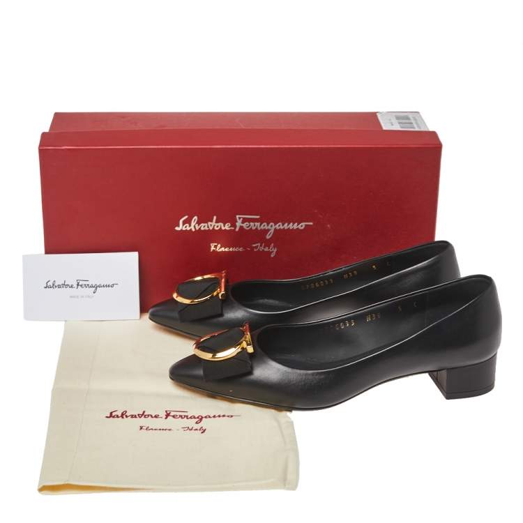 Pre Owned Salvatore Ferragamo Black Leather Bow Pointed Toe Flats Size 35.5