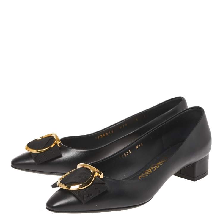 Pre Owned Salvatore Ferragamo Black Leather Bow Pointed Toe Flats Size 35.5