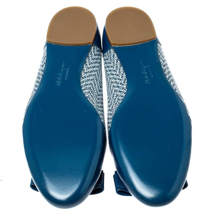 Pre Owned Salvatore Ferragamo Blue Embossed Textured Leather Vara Bow Ballet Flats Size 38