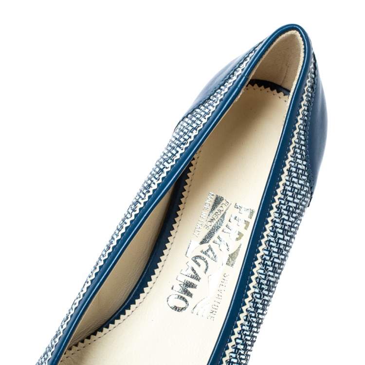 Pre Owned Salvatore Ferragamo Blue Embossed Textured Leather Vara Bow Ballet Flats Size 38