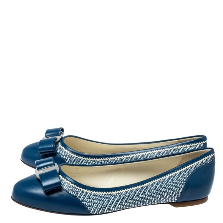 Pre Owned Salvatore Ferragamo Blue Embossed Textured Leather Vara Bow Ballet Flats Size 38