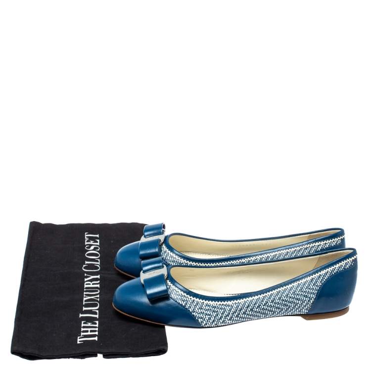 Pre Owned Salvatore Ferragamo Blue Embossed Textured Leather Vara Bow Ballet Flats Size 38