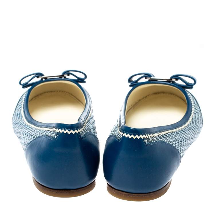 Pre Owned Salvatore Ferragamo Blue Embossed Textured Leather Vara Bow Ballet Flats Size 38