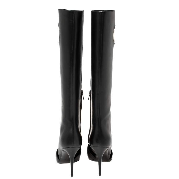 Pre Owned Salvatore Ferragamo Black Cutout Leather Eyelet Knee Boots Size 38.5