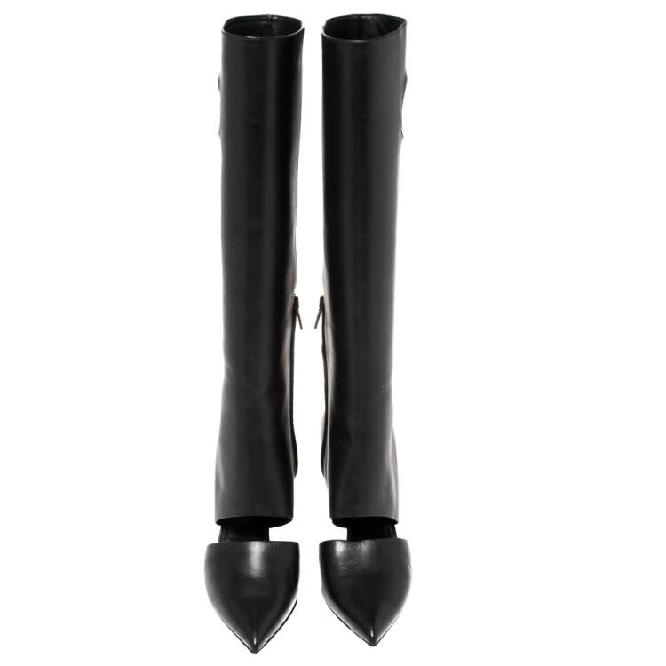 Pre Owned Salvatore Ferragamo Black Cutout Leather Eyelet Knee Boots Size 38.5