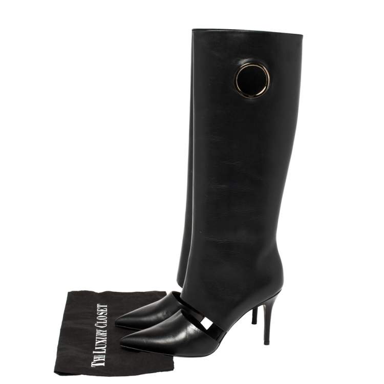 Pre Owned Salvatore Ferragamo Black Cutout Leather Eyelet Knee Boots Size 38.5