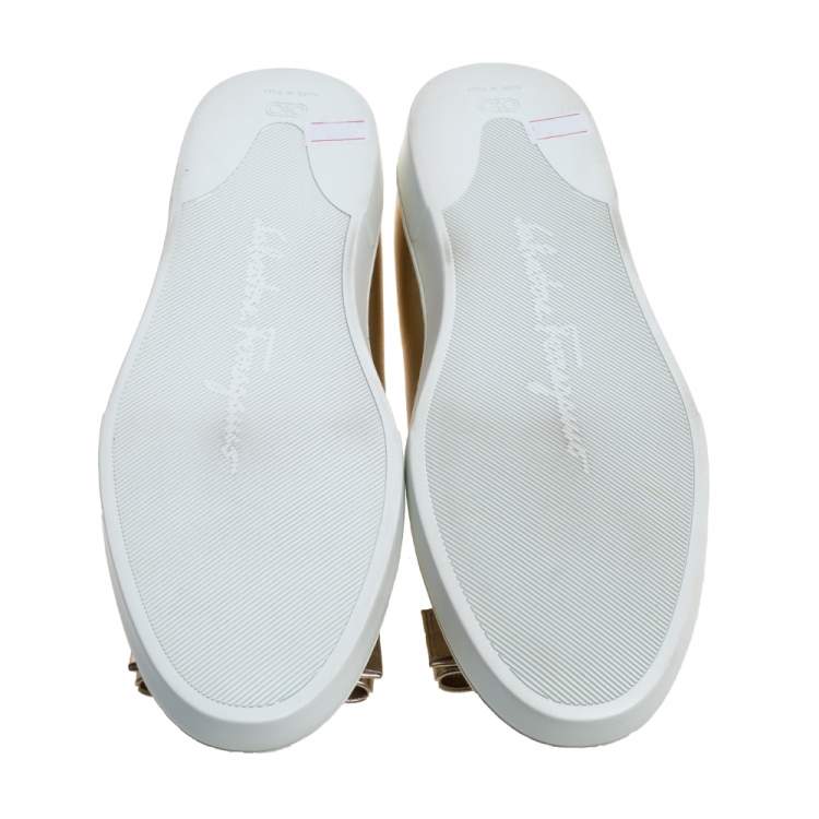 Pre Owned Salvatore Ferragamo Gold Leather Novello Bow Slip On Sneakers Size 36.5
