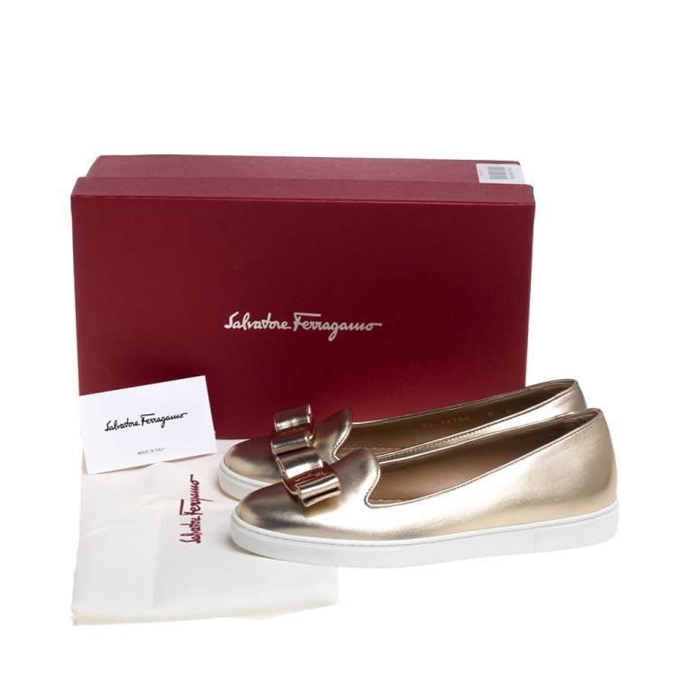 Pre Owned Salvatore Ferragamo Gold Leather Novello Bow Slip On Sneakers Size 36.5