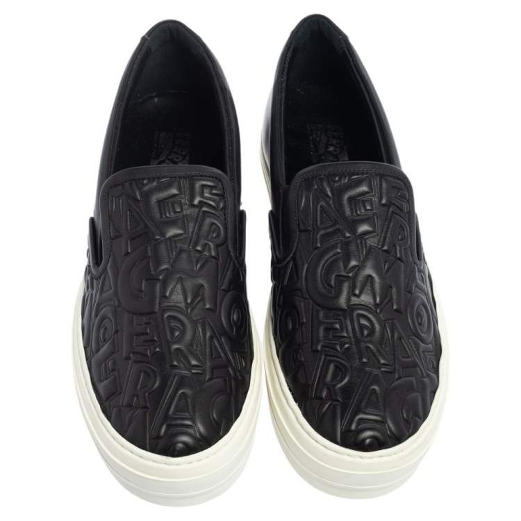 Pre Owned Salvatore Ferragamo Black Leather Logo Embossed Slip On Sneakers Size 40.5