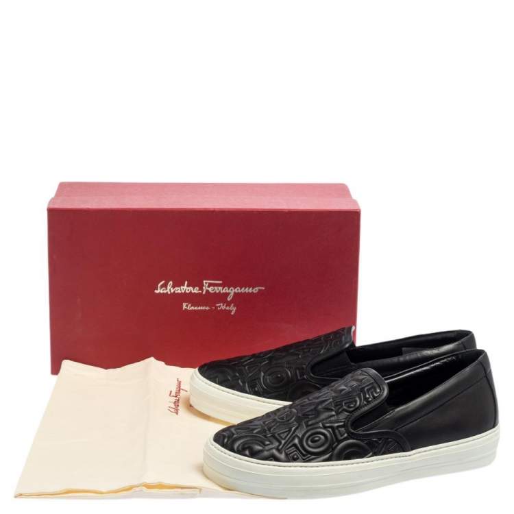 Pre Owned Salvatore Ferragamo Black Leather Logo Embossed Slip On Sneakers Size 40.5