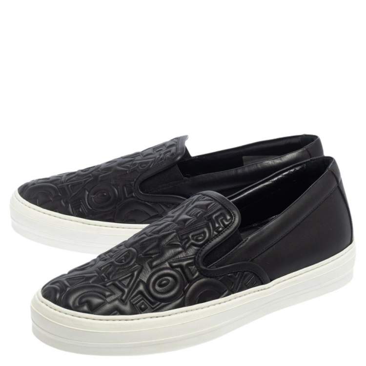 Pre Owned Salvatore Ferragamo Black Leather Logo Embossed Slip On Sneakers Size 40.5