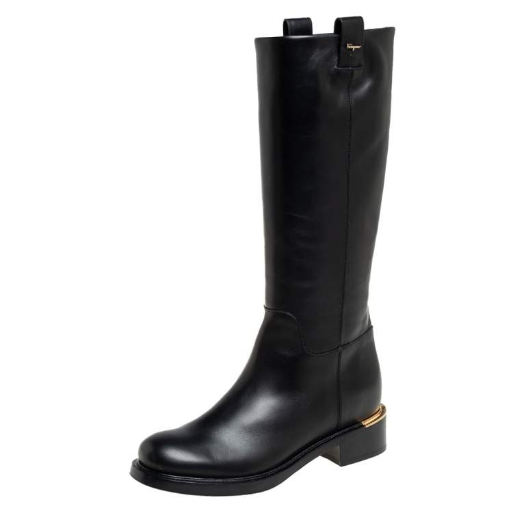Pre Owned Salvatore Ferragamo Black Leather Liam Knee Length Boots Size 36.5