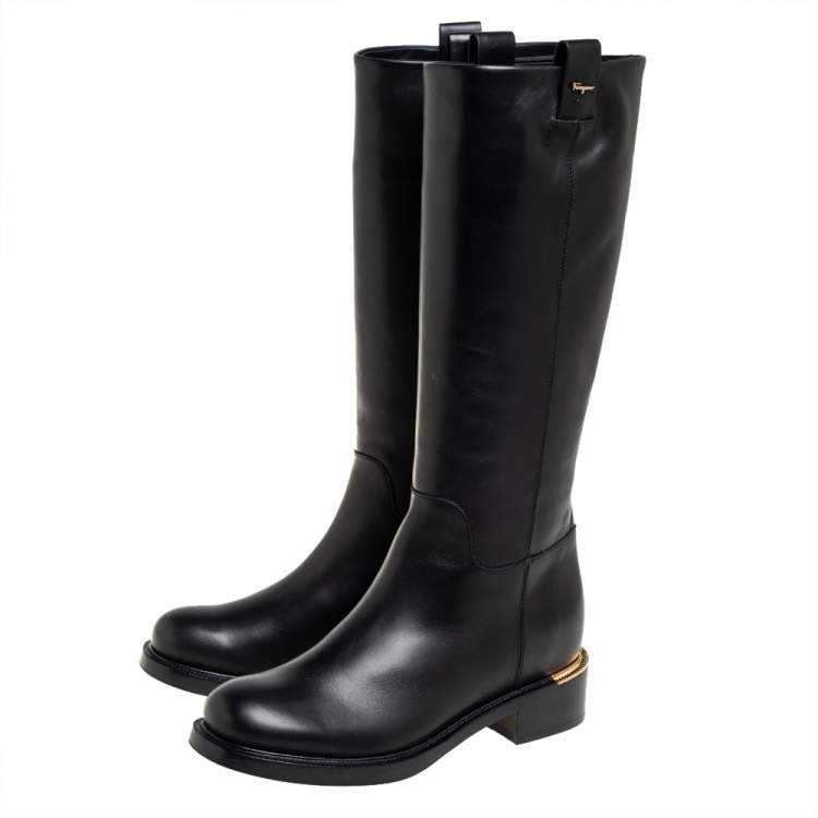 Pre Owned Salvatore Ferragamo Black Leather Liam Knee Length Boots Size 36.5