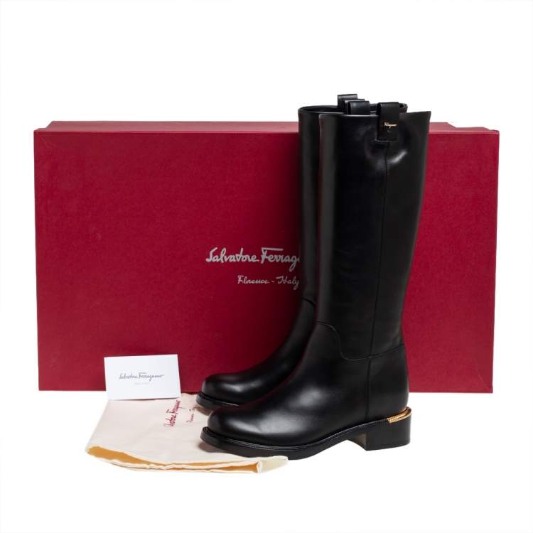 Pre Owned Salvatore Ferragamo Black Leather Liam Knee Length Boots Size 36.5