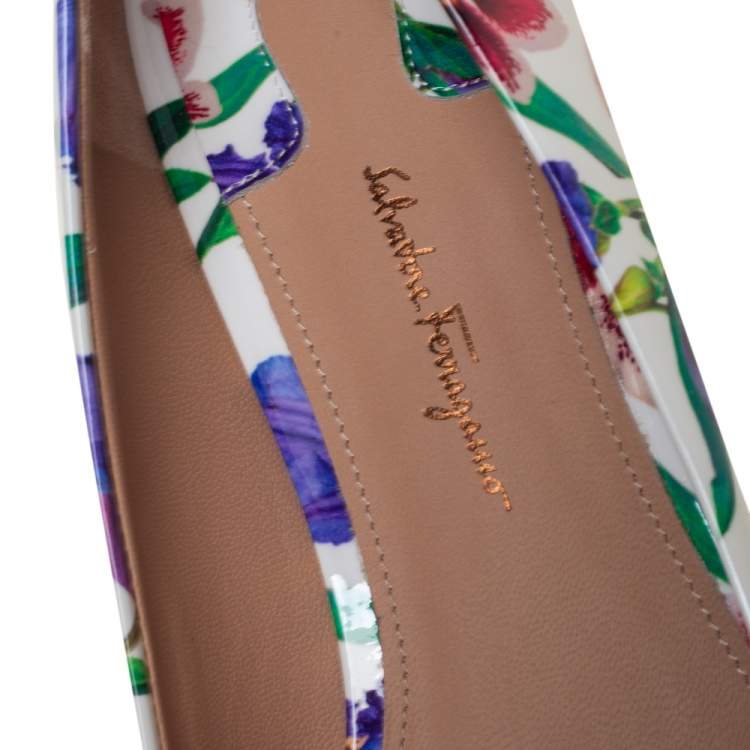 Pre Owned Salvatore Ferragamo White Floral Print Patent Leather Avola Bow Ballet Flats Size 39
