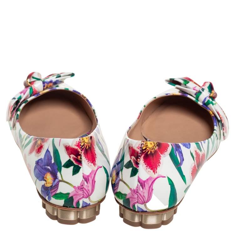 Pre Owned Salvatore Ferragamo White Floral Print Patent Leather Avola Bow Ballet Flats Size 39