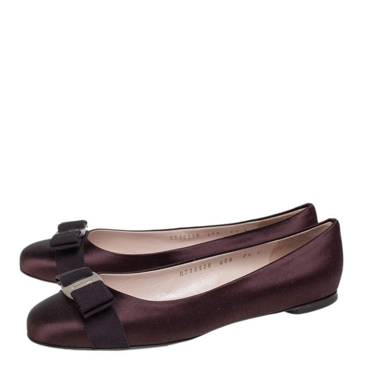Pre Owned Salvatore Ferragamo Dark Brown Satin Vara Bow Ballet Flats Size 38