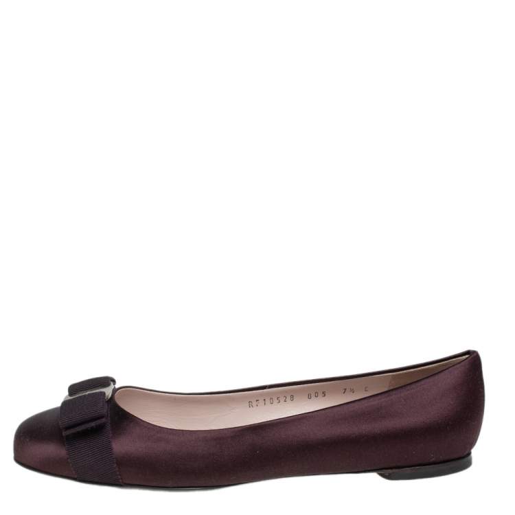Pre Owned Salvatore Ferragamo Dark Brown Satin Vara Bow Ballet Flats Size 38