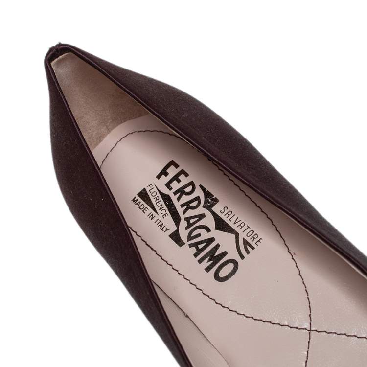 Pre Owned Salvatore Ferragamo Dark Brown Satin Vara Bow Ballet Flats Size 38