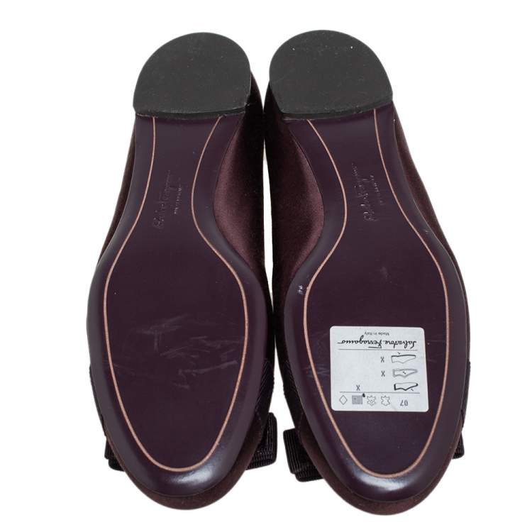 Pre Owned Salvatore Ferragamo Dark Brown Satin Vara Bow Ballet Flats Size 38