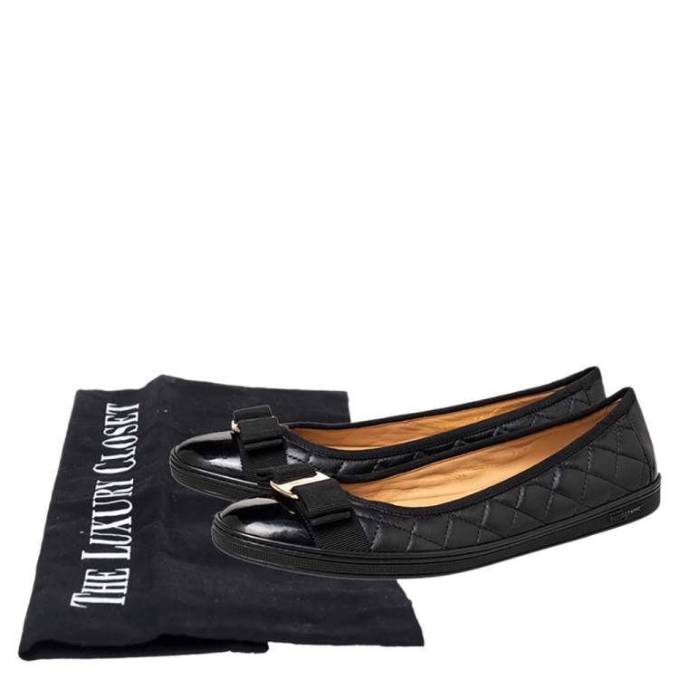 Pre Owned Salvatore Ferragamo Black Leather Vara Bow Ballet Flats Size 38