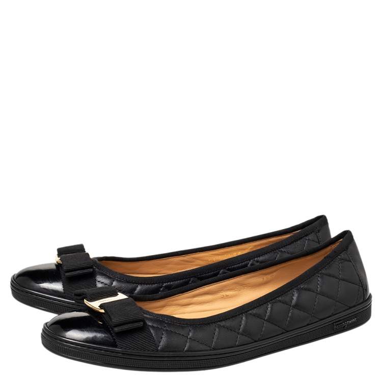 Pre Owned Salvatore Ferragamo Black Leather Vara Bow Ballet Flats Size 38