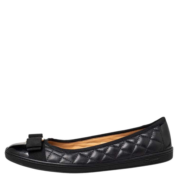 Pre Owned Salvatore Ferragamo Black Leather Vara Bow Ballet Flats Size 38